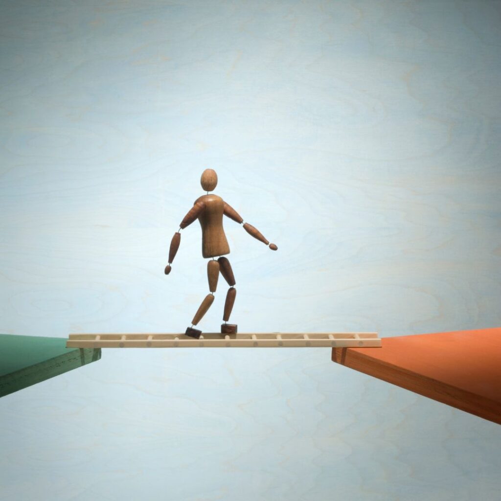 Figure walking a ladder between two points