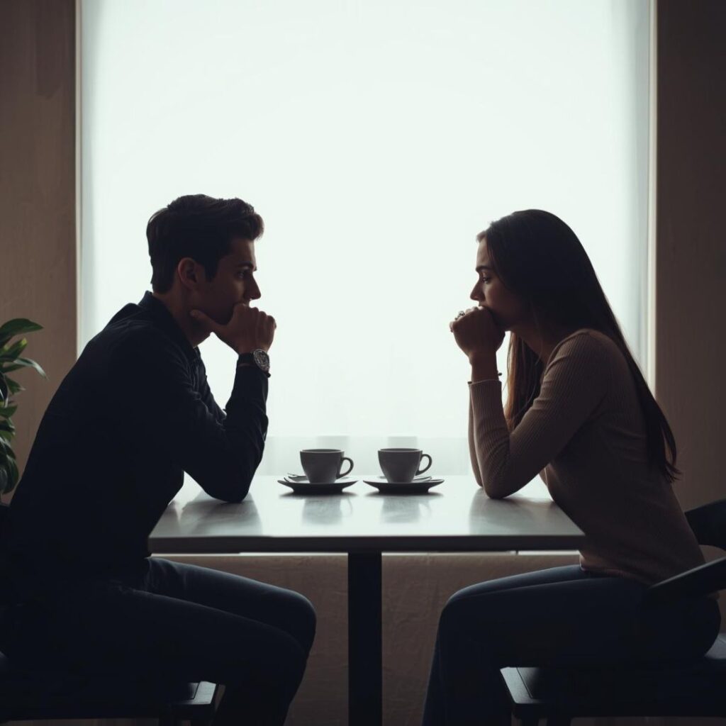 Backlit couple sitting across from each other at a table with coffee cups having a difficult conversation