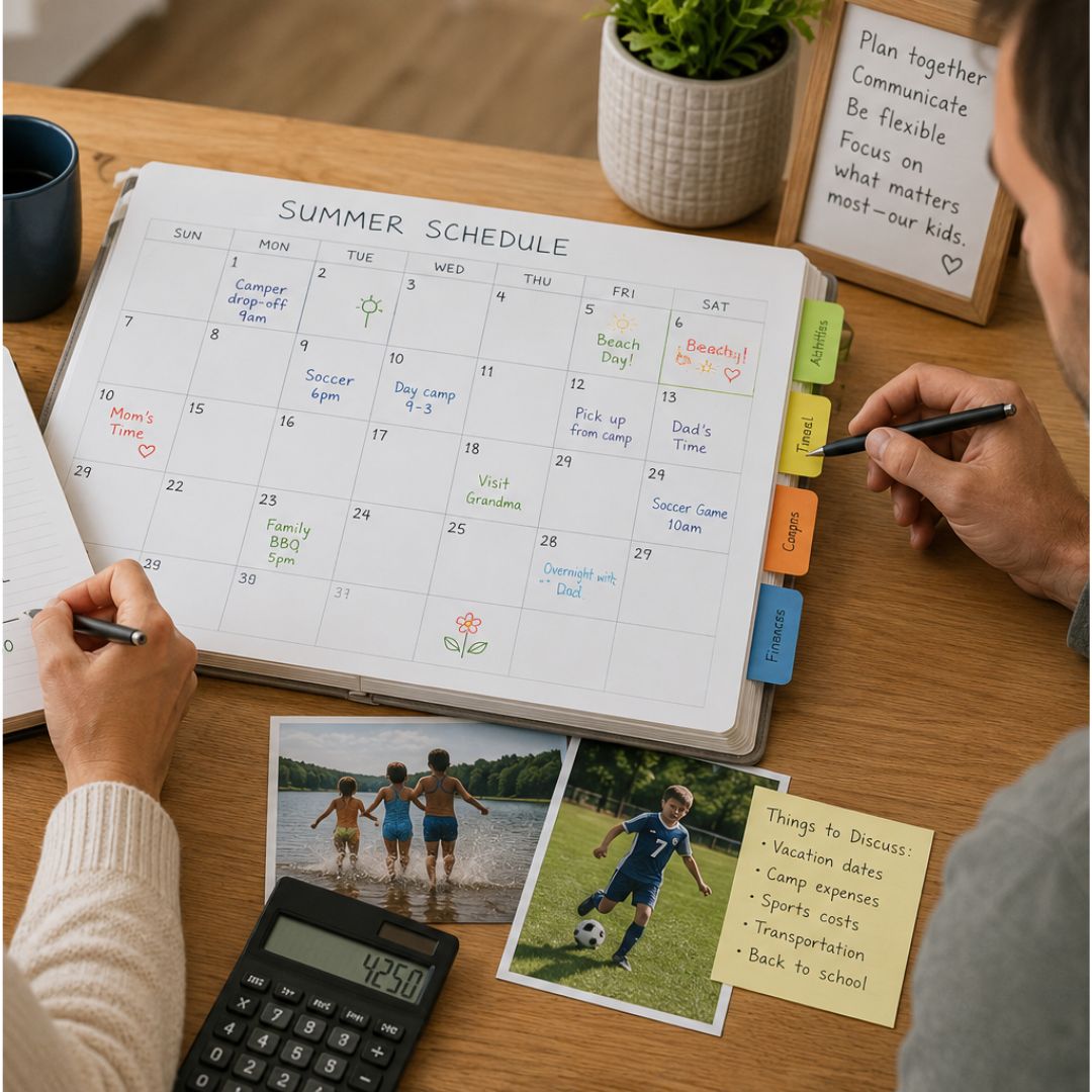 Two parents looking at a calendar for summer scheduling