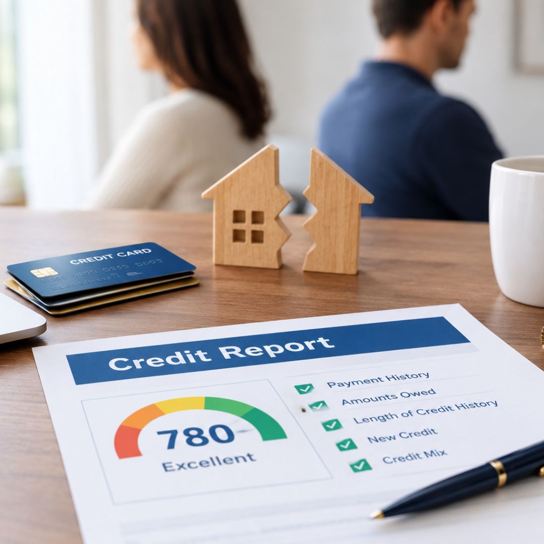 Couple with backs turned in front of a broken house, credit cards, and a credit report